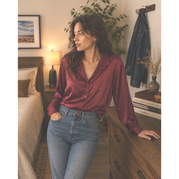 Chico's Tops - CHICO'S Button Down Satin Shirt Large (12) Cranberry Red Silky Splendor Anna Lee